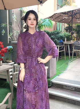 诺诺家小众古紫色蛇纹显瘦艺术感开叉连衣裙连衣裙(配腰带)A9954