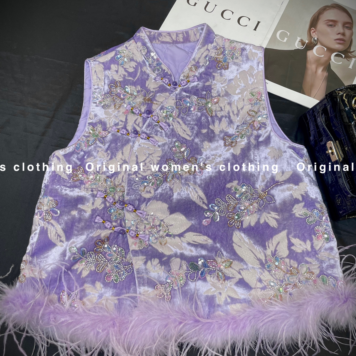 诺诺家冬上新高级丝绒拼接鸵鸟毛亮片刺绣夹棉马甲YS2-Js96