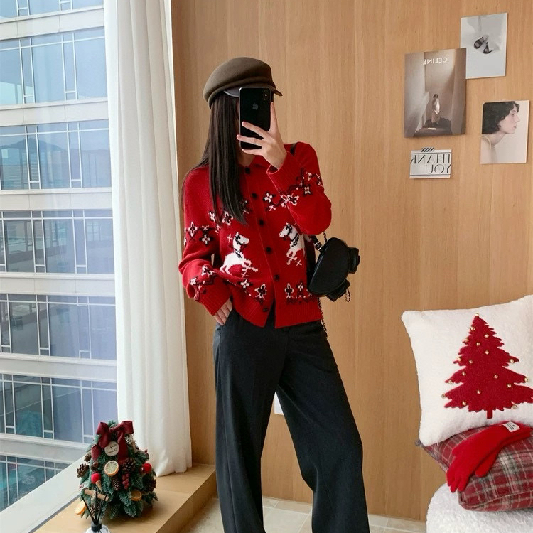 诺费尔岛提花小翻领针织开衫（含100羊毛）(不含任何配件)KS25768