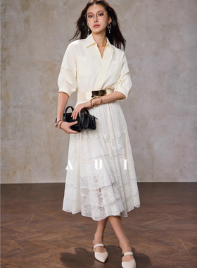 诺诺家小众质长袖POLO领设计收腰蕾丝连衣裙连衣裙(配腰带)A9977