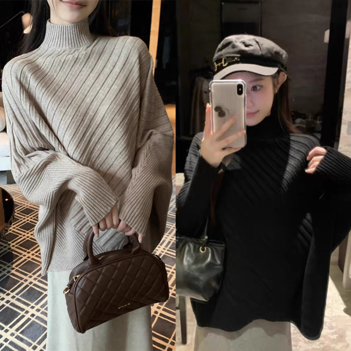 诺诺气质蝙蝠袖高级感条纹慵懒风设计感宽松针织衫A87387