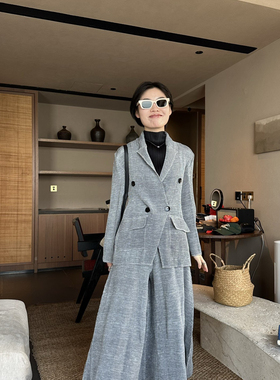 融诺新小众设计极简玉米双重褶重工肌理感休闲双排扣西装B15319