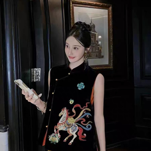 诺诺小众设计春新中式 国风刺绣小马盘扣立领马高端洋气马甲J281