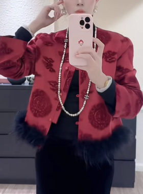 诺诺遗传承漳绒招财进宝提花新中式鸵鸟毛加厚保暖棉服外套42240