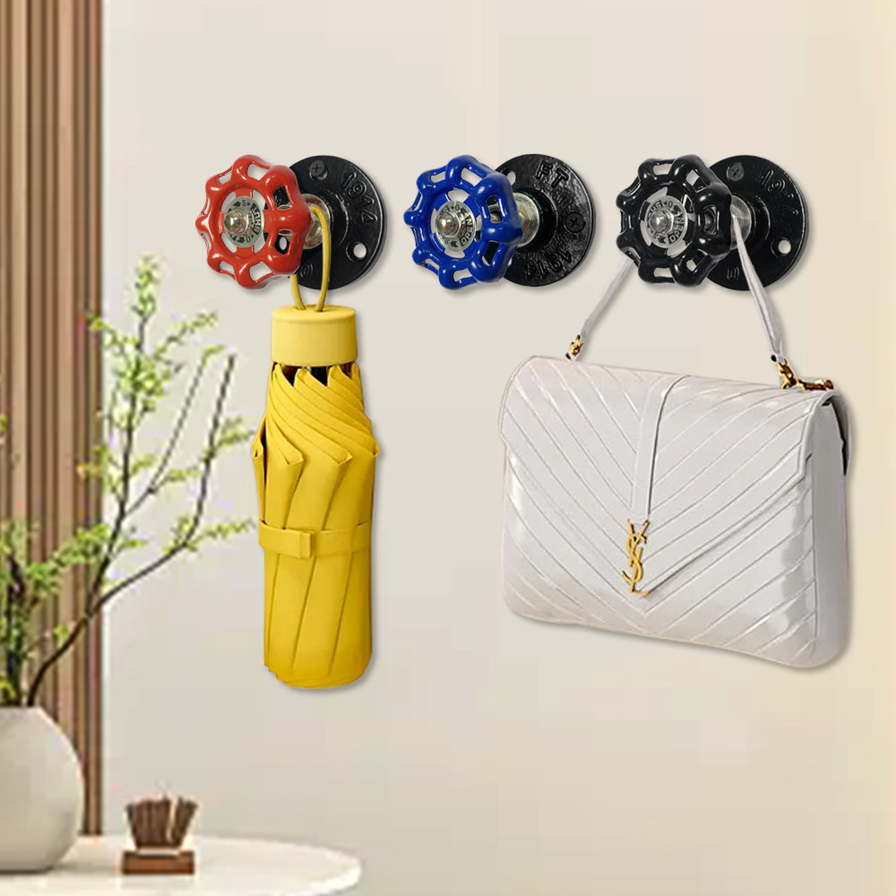 复古创意水管手轮底座墙壁衣钩挂件工业风酒吧创意铁艺挂件3个装