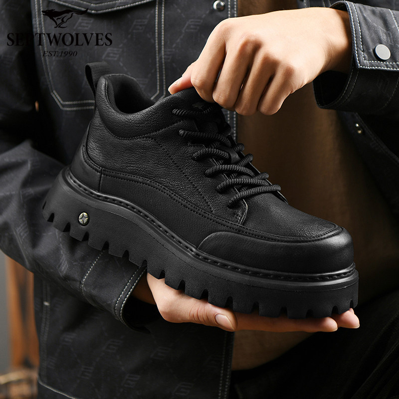 七匹狼正品工装风厚底马丁靴男头层牛皮短靴黑色系带休闲鞋潮W