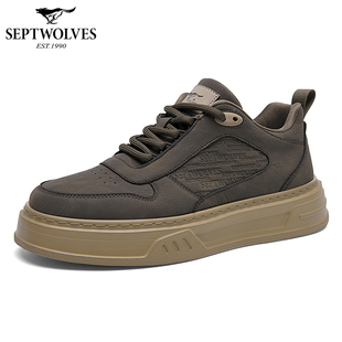 中帮板鞋 2025新款 男士 休闲皮鞋 百搭W 七匹狼正品 软底潮鞋 男鞋