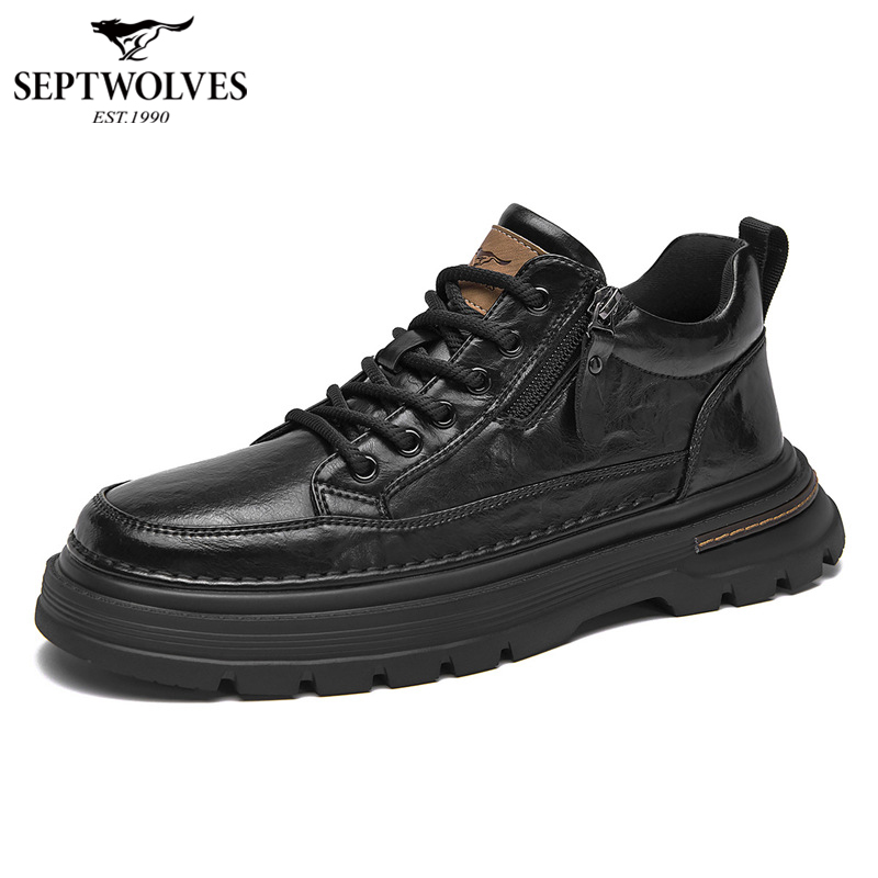 七匹狼正品真皮马丁靴男中帮短靴系带百搭休闲皮靴户外工装鞋W