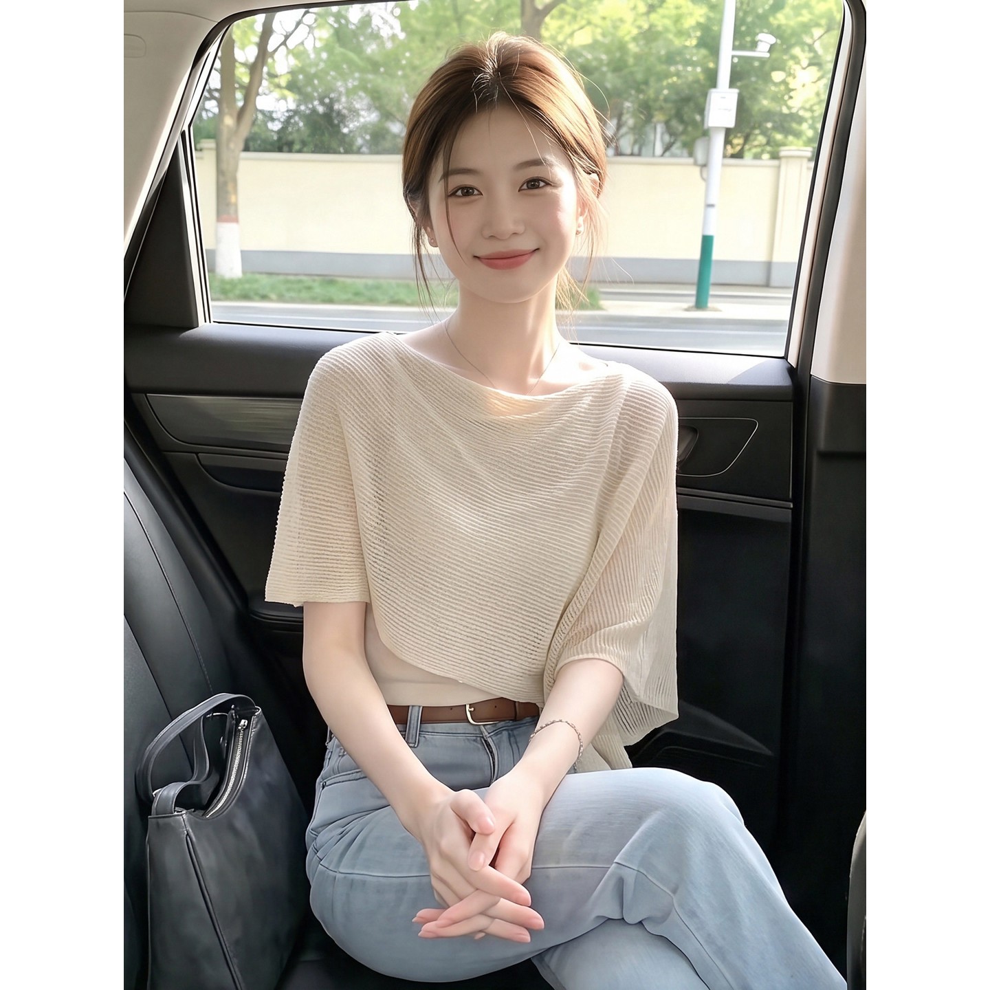 杏色斗篷不规则针织短袖罩图片