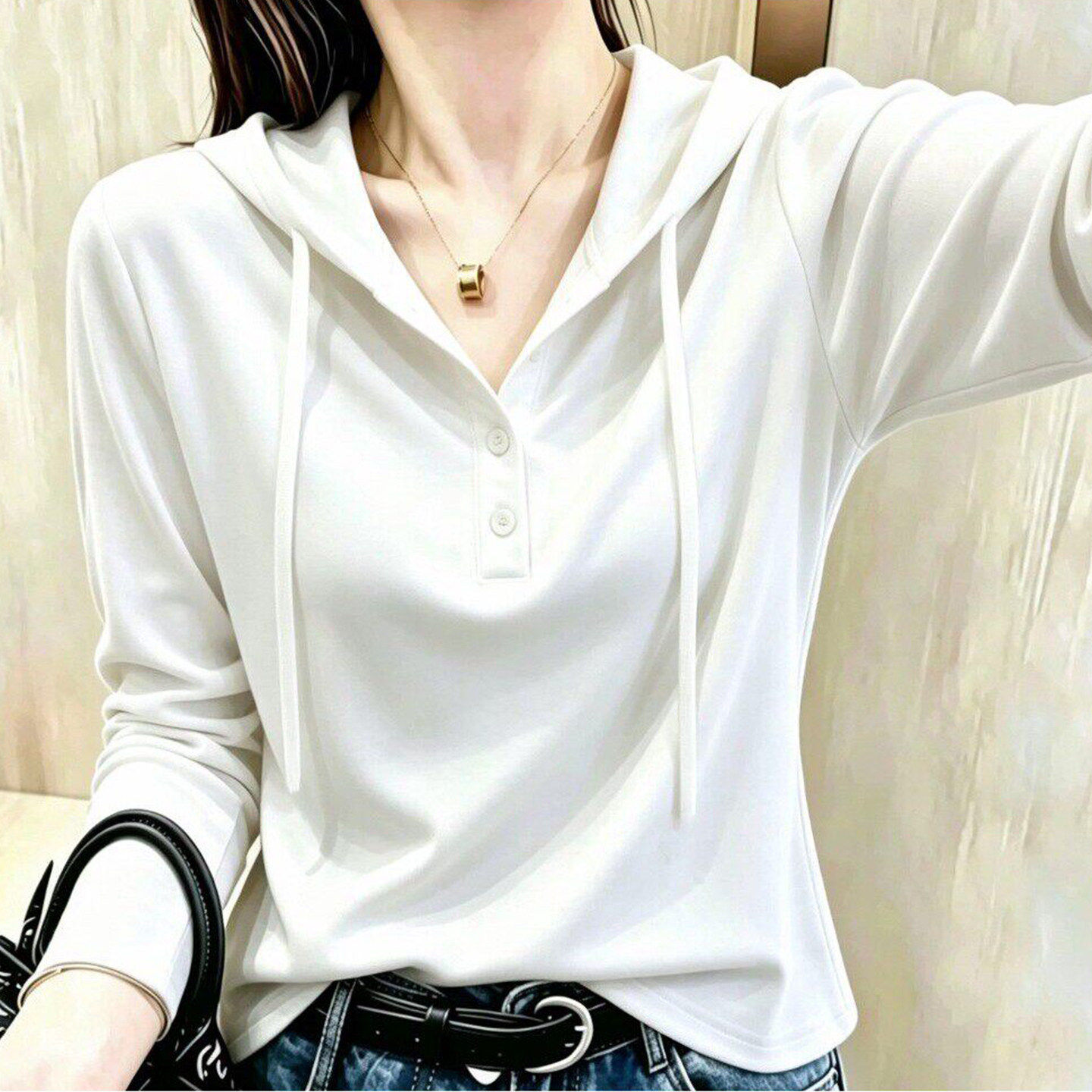 欧货白色纽扣长袖T恤女秋冬季爆款宽松内搭打底衫高档洋气上衣