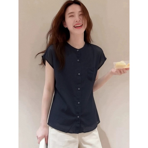 法式复古黑色圆领短袖衬衫