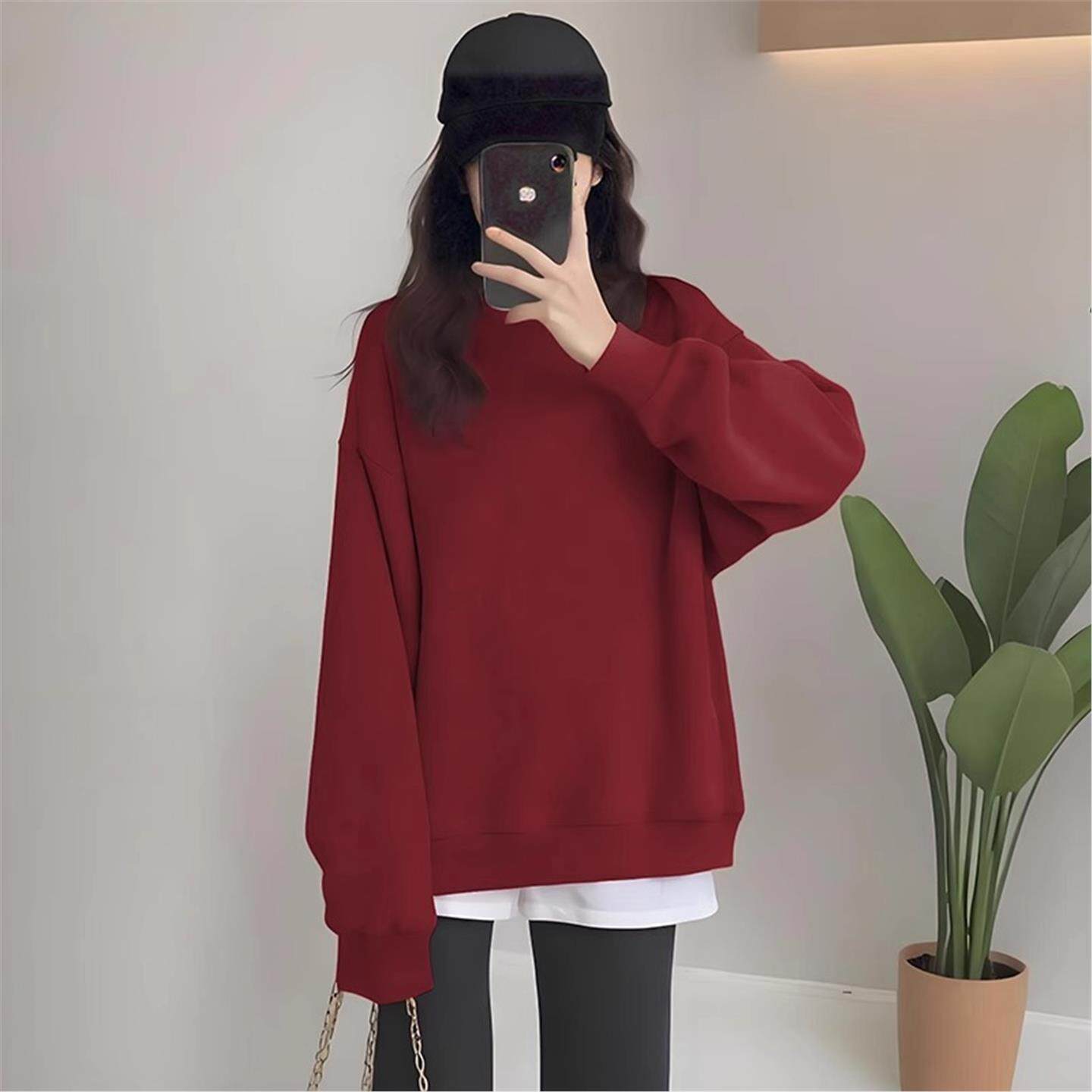 欧货时尚中长款红色假两件卫衣女秋冬新款加绒加厚休闲套头上衣