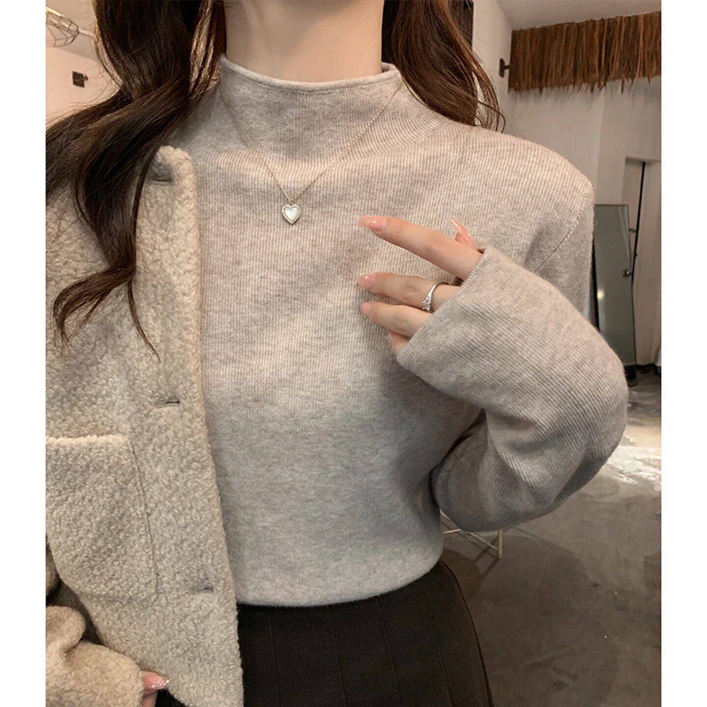 燕麦色半高领针织打底衫女秋冬季小香风内搭叠穿加绒长袖T恤上衣