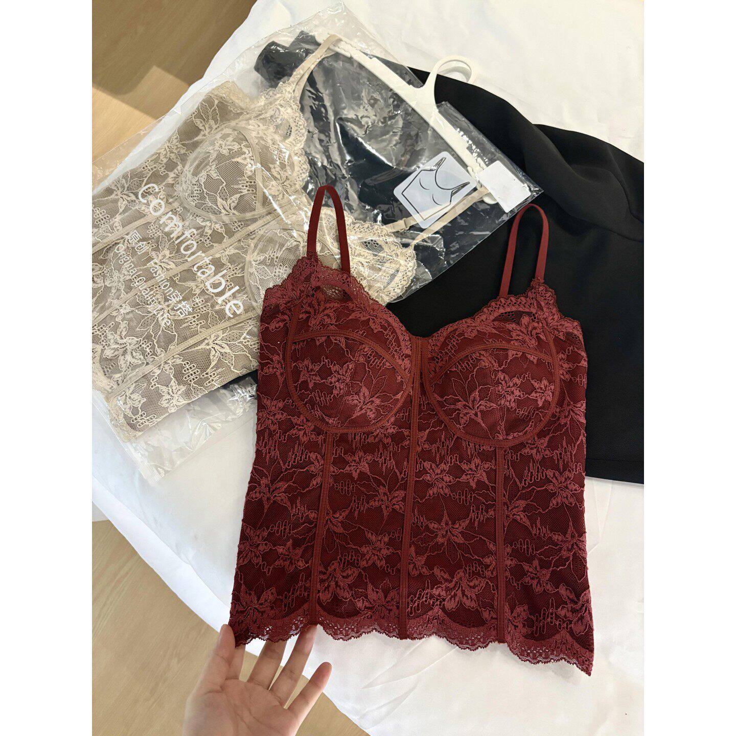 酒红色本命年蕾丝美背文胸一体背心吊带女鱼骨胸衣春秋配西装内搭