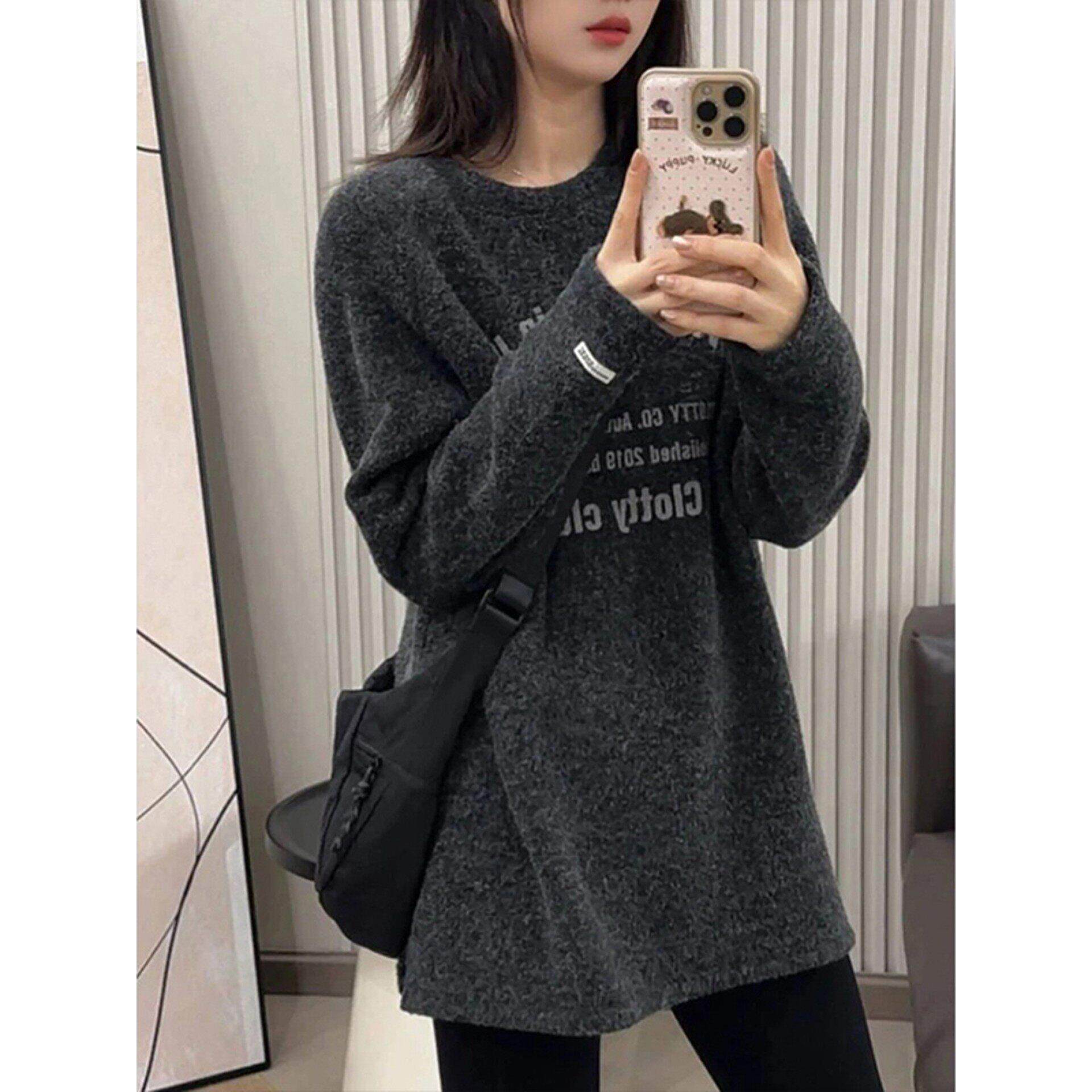 中长款德绒长袖t恤卫衣女秋冬新款宽松慵懒搭配鲨鱼的上衣遮屁股