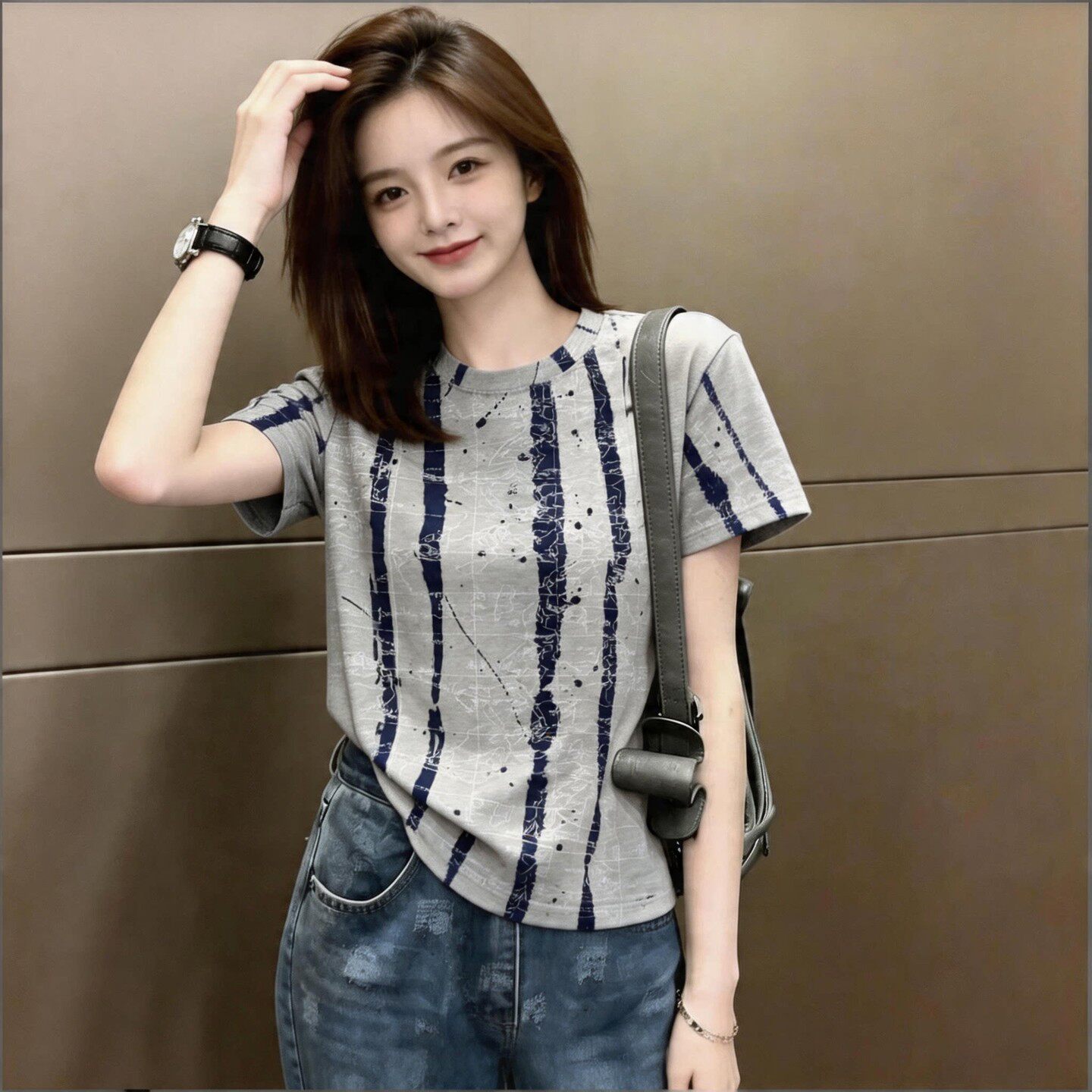 扎染条纹高端大牌正肩短袖图片