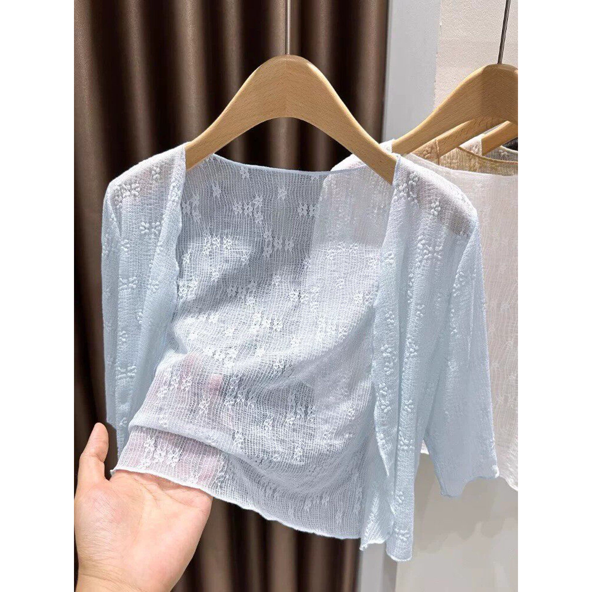 蓝色韩系冰丝网纱短袖防晒开衫女夏连衣裙外搭短款披肩蕾丝小坎肩