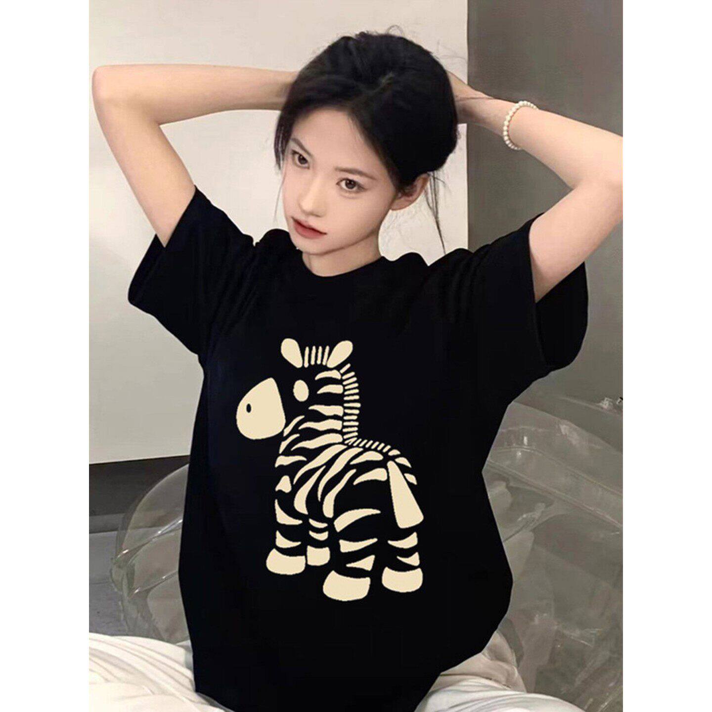 黑色印花短袖T恤女夏季初图片