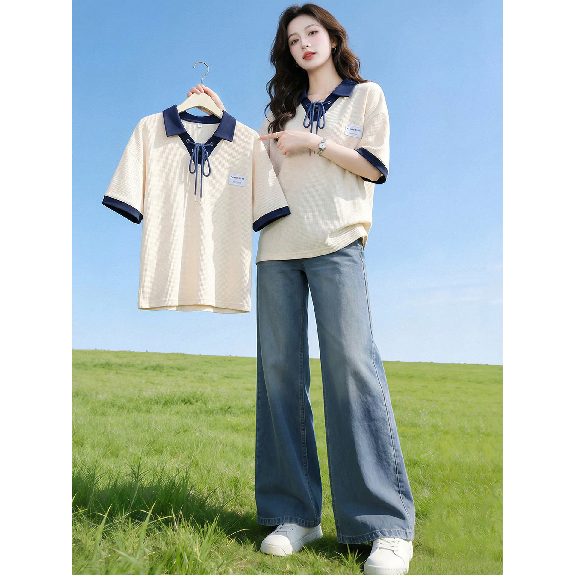 pol领撞色宽松短袖T恤女夏图片