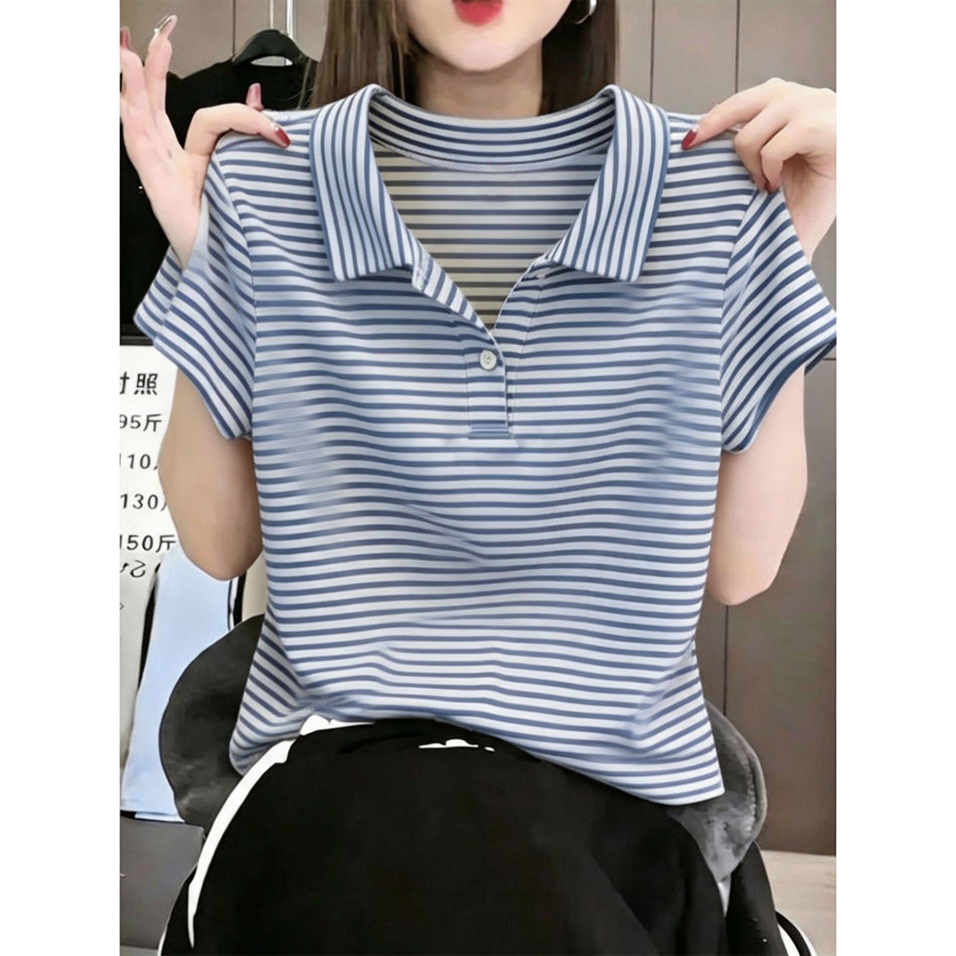 法式条纹POL衫短袖T恤女夏图片