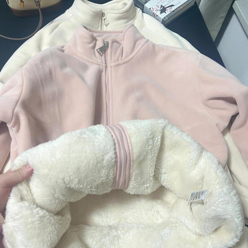 内搭摇粒绒外套女秋冬季加绒加厚卫衣羊羔毛绒颗粒绒校服神器内胆