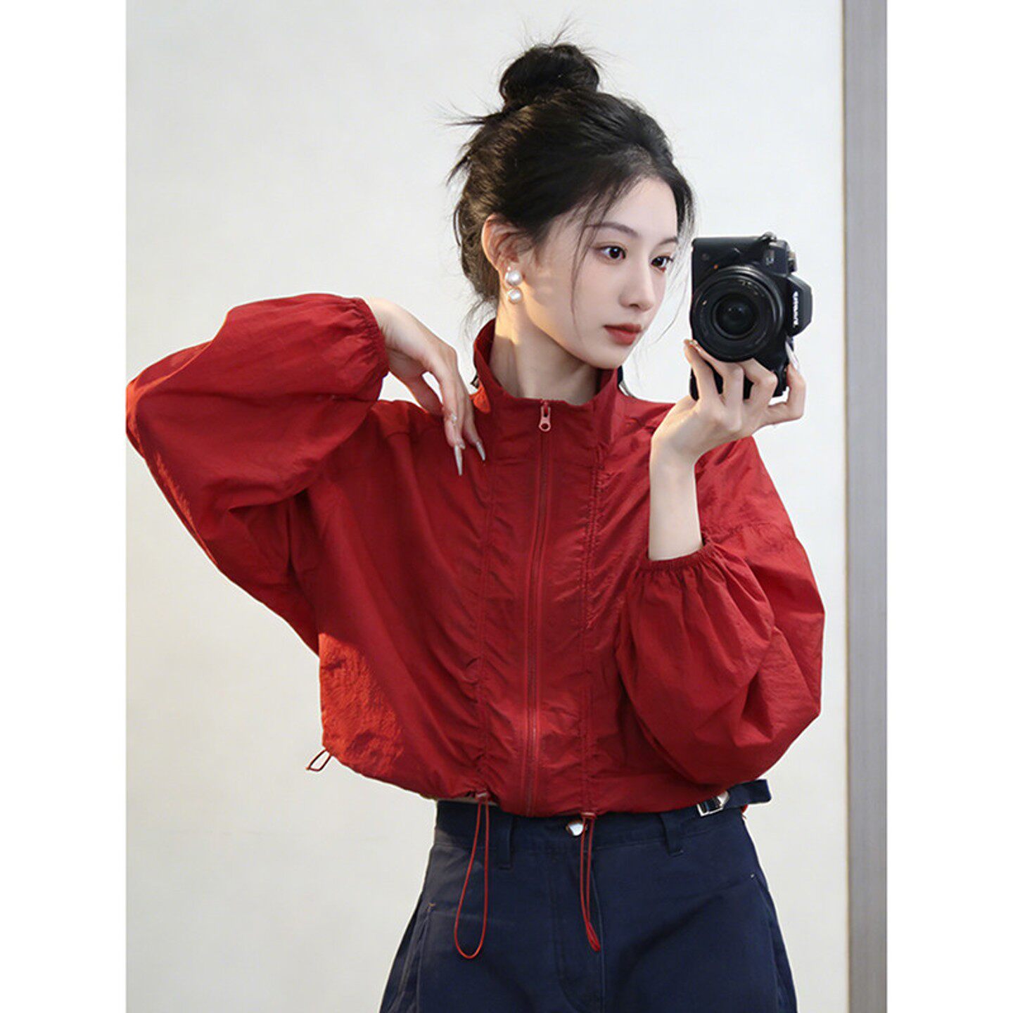 红色立领防晒冲锋衣女夏季图片