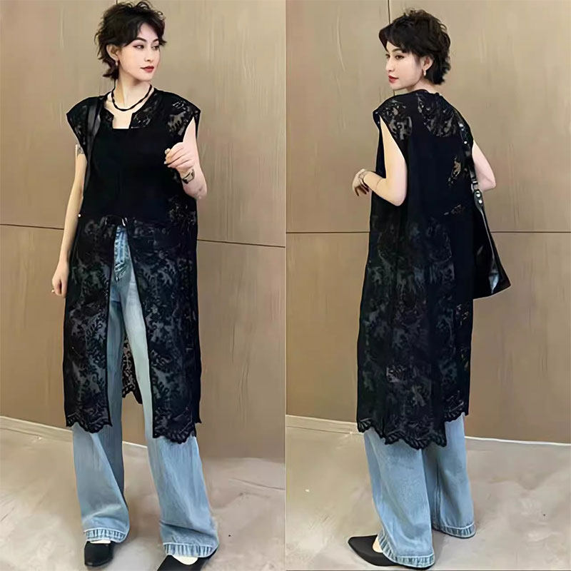 新中式v领连衣裙女士春季宽松提花叠穿镂空罩衫中长款蕾丝背心裙