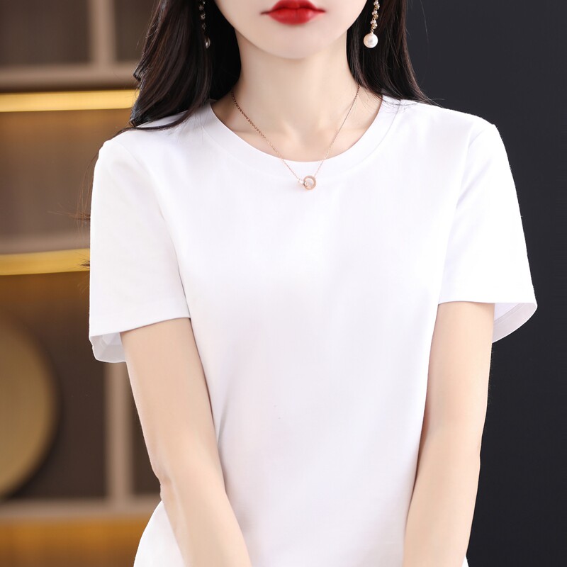 纯洁白2026新款80织精品100%丝光棉百搭圆领设计感宽松高品质T恤