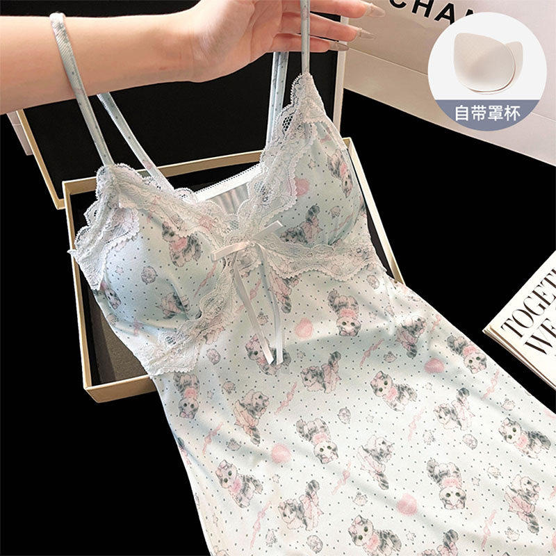 带胸垫一体冰丝吊带睡衣女夏季甜美可爱日系卡通猫咪性感吊带睡裙