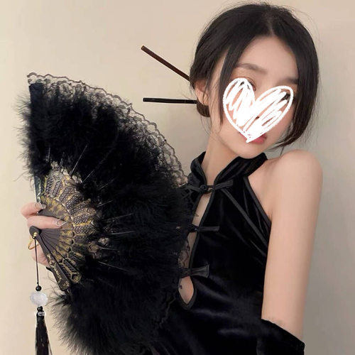 古风羽毛扇旗袍女走秀折扇汉服新年黑色蕾丝扇子舞蹈扇复古中式