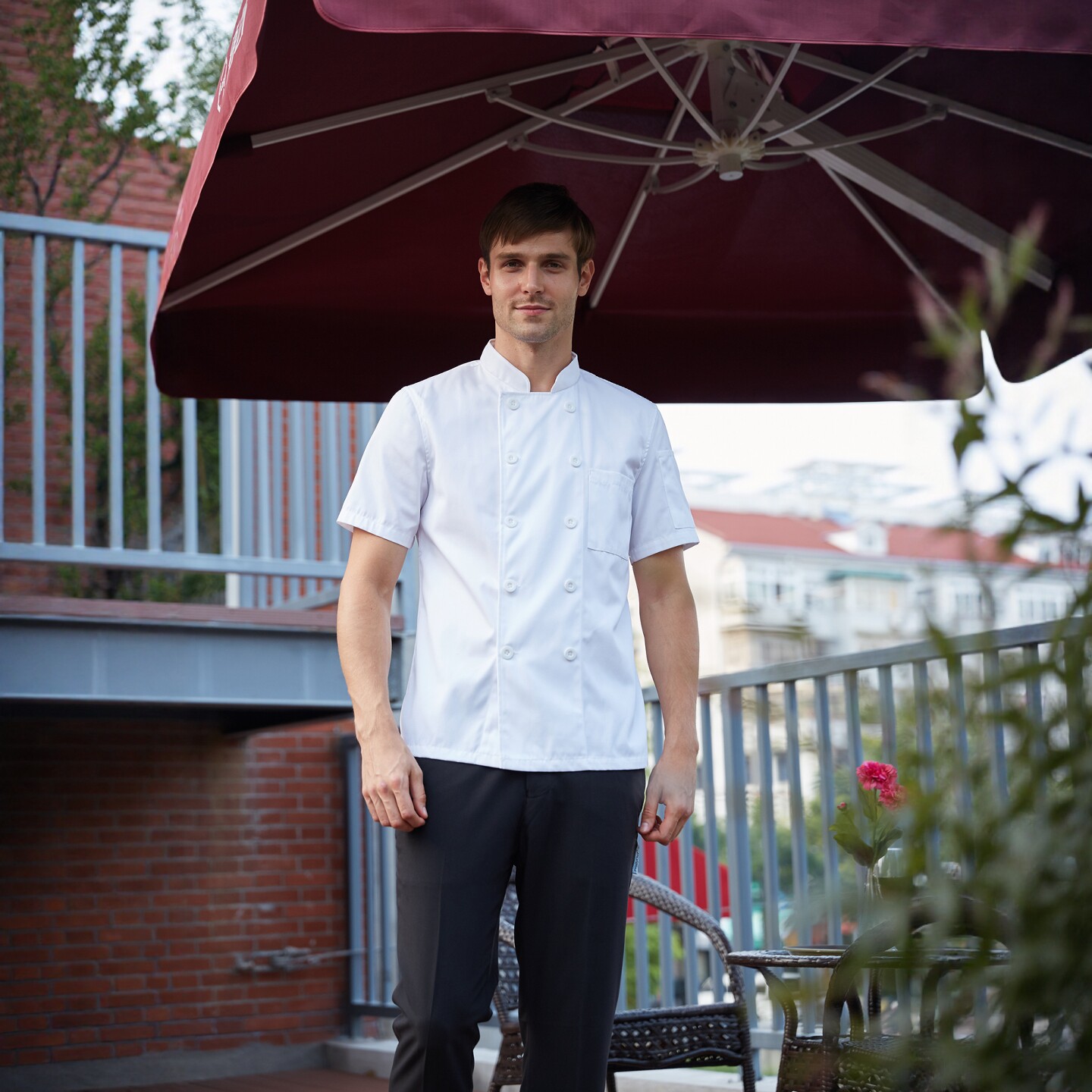 厨师服夏装短袖酒店餐厅咖啡厅男士厨房工作服透气工装制服立领棉