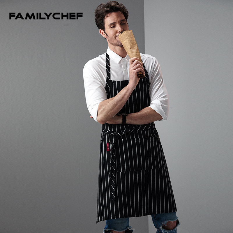 韩版厨师围裙家居厨房餐厅面包房咖啡馆挂脖围腰中长款制服宽条纹