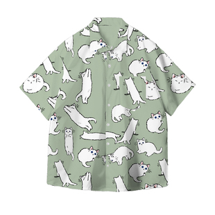 潮牌外套情侣款 轻漫物语日系猫咪印花短袖 开衫 港风男女夏季 衬衫