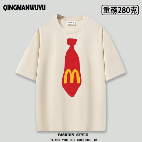 搞怪图案M假领带趣味麦门港风男嘻哈重磅oversize短袖T恤夏tee