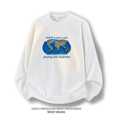 World is a cat playing创意印花英文卫衣男女秋冬休闲套头衫衣服