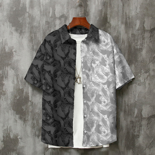 新款 衬衣痞帅潮流夏季 黑红拼色善恶短袖 2022国潮中国文字风男装