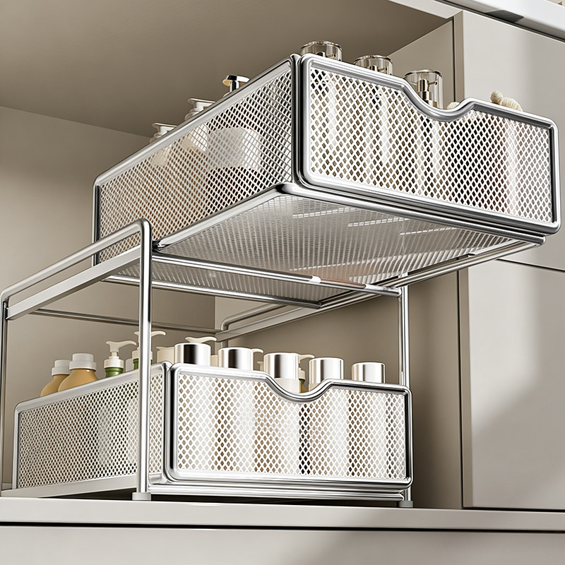 不锈钢浴室下水槽置物架抽拉式厨房拉篮厕所卫生间柜下收纳分层架,家装主材,浴室角架,淘宝优惠券,粉丝福利购,淘宝优惠卷