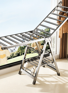 阳台折叠不锈钢晾衣架落地加厚家用室内挂衣杆卧室升降晒被子神器