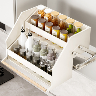 吊柜升降拉篮厨房橱柜下拉式调味拉篮高柜上下伸缩收纳调料置物架