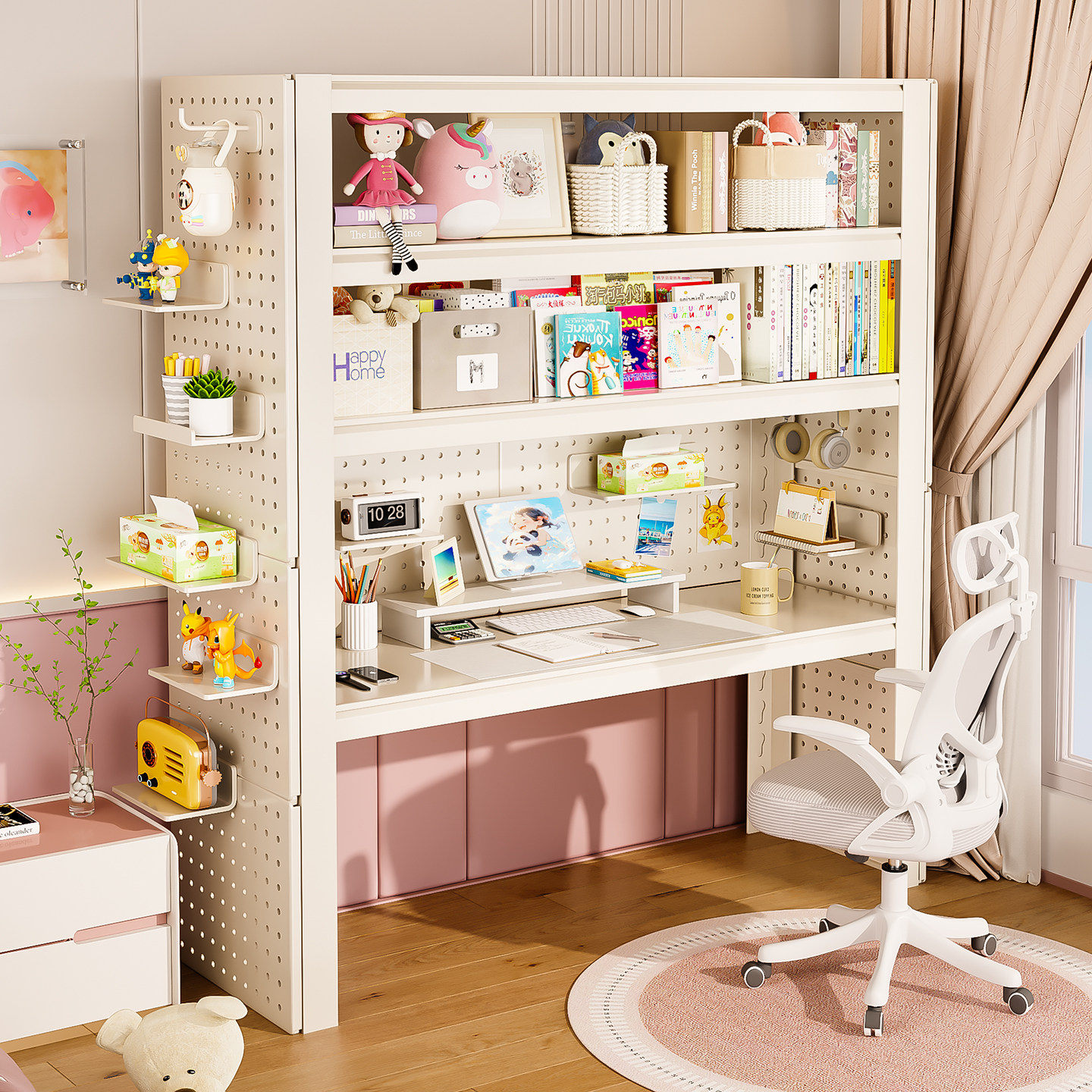 电脑桌多层简易书柜落地储物置物架学生洞洞板书桌书架一体收纳架