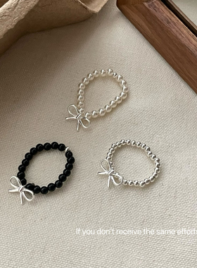 S925纯银蝴蝶结串珠戒指女精致甜酷风珍珠黑玛瑙弹力绳食指戒小众