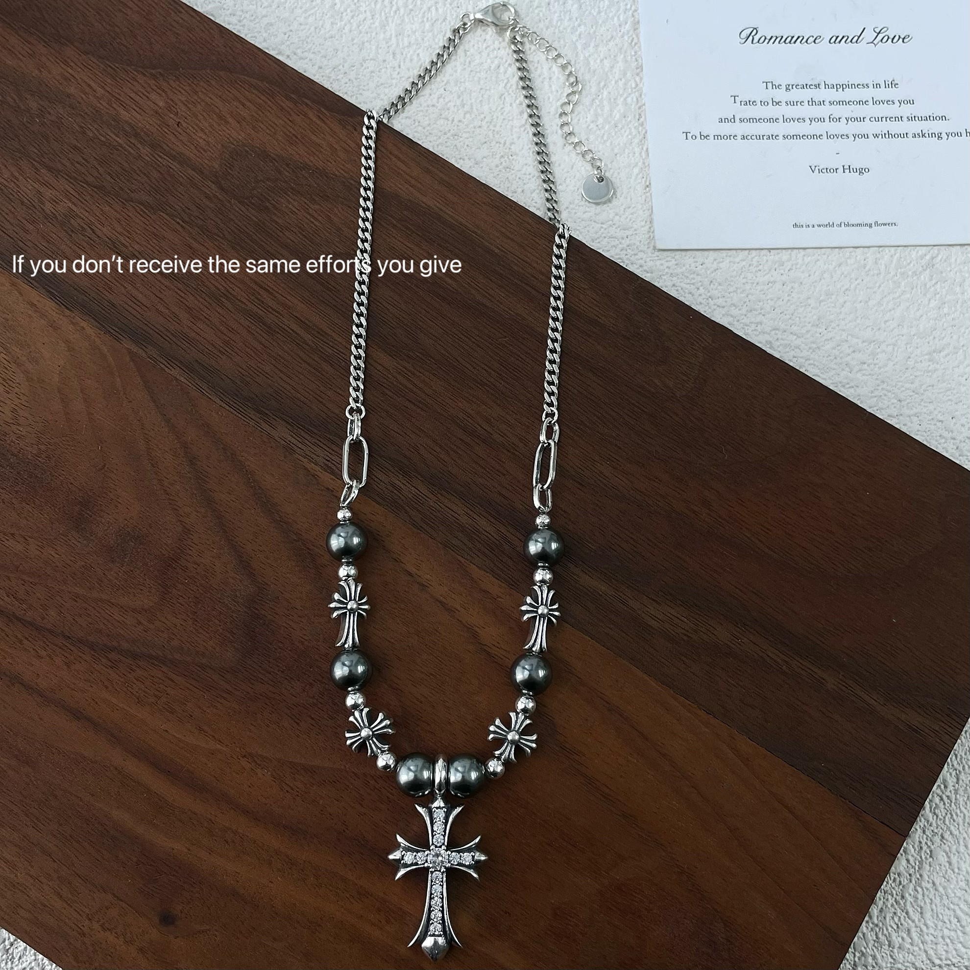 S925纯银小众设计满钻十字架拼接圆珠项链男复古甜酷百搭毛衣链