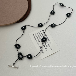 S925纯银玛瑙黑色编织花OT扣脖链choker项链锁骨链ins简约甜酷