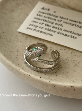 S925纯银绿眼灵蛇微镶开口戒指冷淡风食指戒轻奢个性风潮指环