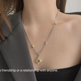 S925纯银圆桶珠唐草纹设计感项链 撞色镀金链子 复古潮流简约潮款