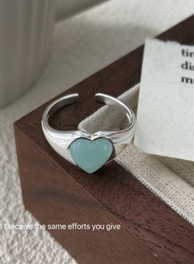 S925纯银绿色爱心韩版戒指小众设计感ins风潮流开口指环