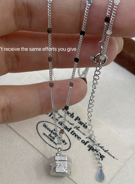 S925纯银肌理纹方块盒子锁骨项链小众设计ins气质高级百搭时尚