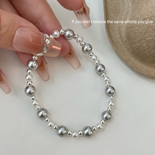 S925纯银施家真多麻灰色间隔银珠手链小众设计百搭ins气质高级