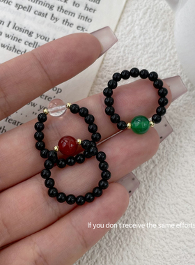 S925纯银琛墨转运老钱风复古玉髓弹力戒指新中式中古风小众设计