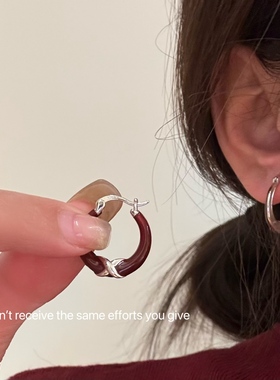 S925纯银安可拉红色珐琅交叉圈圈耳环轻奢高级感耳钉复古港风秋冬